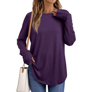 AUTOMET Womens Long Sleeve Shirts Crew Neck Casual Tshirts Fall Fashion Tops Loose Fit Lightweight Y2k Outfits Clothes(Purple)