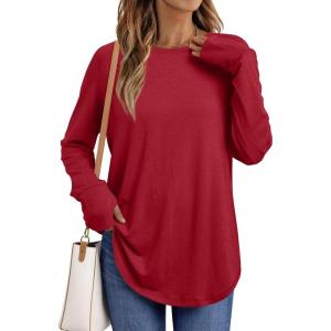 AUTOMET Womens Long Sleeve Shirts Crew Neck Casual Tshirts Fall Fashion Tops Loose Fit Lightweight Y2k Outfits Clothes(Red)