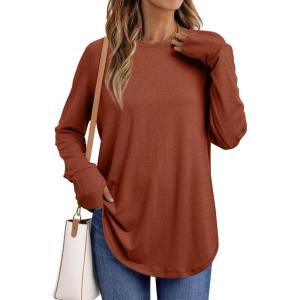 AUTOMET Womens Long Sleeve Shirts Crew Neck Casual Tshirts Fall Fashion Tops Loose Fit Lightweight Y2k Outfits Clothes(Rust)