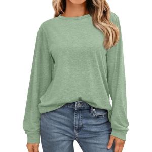 AUTOMET Women’s Long Sleeve Shirts Fall Solid Color Loose Fit Tunics Tops Oversized Basic Tees Business Casual Outfits(Bean Green)