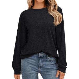 AUTOMET Women’s Long Sleeve Shirts Fall Solid Color Loose Fit Tunics Tops Oversized Basic Tees Business Casual Outfits(Black)