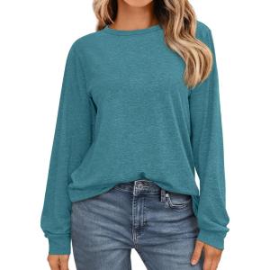 AUTOMET Women’s Long Sleeve Shirts Fall Solid Color Loose Fit Tunics Tops Oversized Basic Tees Business Casual Outfits(Blue Green)