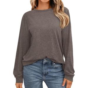 AUTOMET Women’s Long Sleeve Shirts Fall Solid Color Loose Fit Tunics Tops Oversized Basic Tees Business Casual Outfits(Coffee Gray)