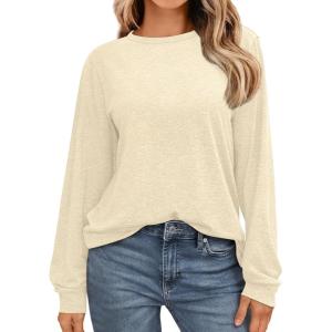 AUTOMET Women’s Long Sleeve Shirts Fall Solid Color Loose Fit Tunics Tops Oversized Basic Tees Business Casual Outfits(Cream)