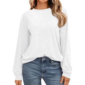 AUTOMET Women’s Long Sleeve Shirts Fall Solid Color Loose Fit Tunics Tops Oversized Basic Tees Business Casual Outfits(White)