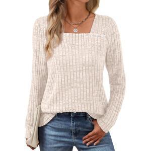 AUTOMET Womens Long Sleeve Shirts Fall Tops Fashion Outfits 2025 Asymmetric Square Neck Sweaters Dressy Casual Tunic Clothes(Apricot)