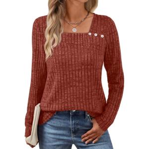 AUTOMET Womens Long Sleeve Shirts Fall Tops Fashion Outfits 2025 Asymmetric Square Neck Sweaters Dressy Casual Tunic Clothes(Caramel)