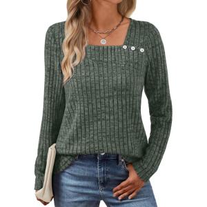 AUTOMET Womens Long Sleeve Shirts Fall Tops Fashion Outfits 2025 Asymmetric Square Neck Sweaters Dressy Casual Tunic Clothes(Green)