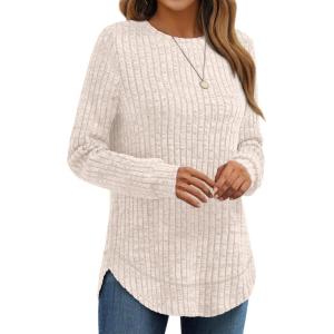 AUTOMET Womens Long Sleeve Shirts Fall Tops Tunic Fashion Outfits 2025 Dressy Casual Loose Fit Sweater Clothes Curved Hem(Apricot)