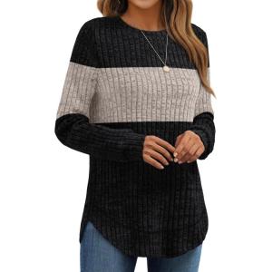 AUTOMET Womens Long Sleeve Shirts Fall Tops Tunic Fashion Outfits 2025 Dressy Casual Loose Fit Sweater Clothes Curved Hem(Blackapricotblock)