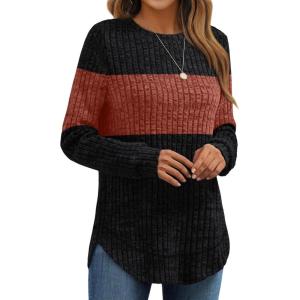 AUTOMET Womens Long Sleeve Shirts Fall Tops Tunic Fashion Outfits 2025 Dressy Casual Loose Fit Sweater Clothes Curved Hem(Blackcaramalblock)