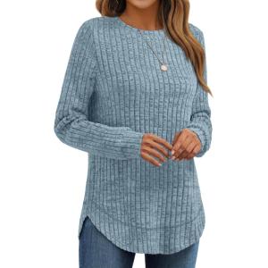 AUTOMET Womens Long Sleeve Shirts Fall Tops Tunic Fashion Outfits 2025 Dressy Casual Loose Fit Sweater Clothes Curved Hem(Blue)