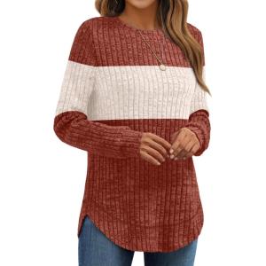 AUTOMET Womens Long Sleeve Shirts Fall Tops Tunic Fashion Outfits 2025 Dressy Casual Loose Fit Sweater Clothes Curved Hem(Caramalbeigeblock)