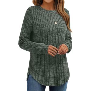 AUTOMET Womens Long Sleeve Shirts Fall Tops Tunic Fashion Outfits 2025 Dressy Casual Loose Fit Sweater Clothes Curved Hem(Green)