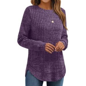 AUTOMET Womens Long Sleeve Shirts Fall Tops Tunic Fashion Outfits 2025 Dressy Casual Loose Fit Sweater Clothes Curved Hem(Purple)