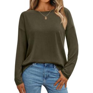 AUTOMET Womens Long Sleeve Shirts Loose Fitted Crewneck Basic Tops Casual Outfits Fall Clothes 2025(Army Green)