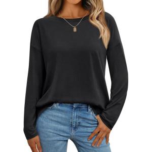 AUTOMET Womens Long Sleeve Shirts Loose Fitted Crewneck Basic Tops Casual Outfits Fall Clothes 2025(Black)