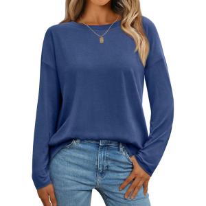 AUTOMET Womens Long Sleeve Shirts Loose Fitted Crewneck Basic Tops Casual Outfits Fall Clothes 2025(Blue)