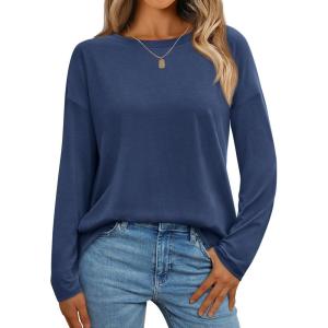 AUTOMET Womens Long Sleeve Shirts Loose Fitted Crewneck Basic Tops Casual Outfits Fall Clothes 2025(Navy)