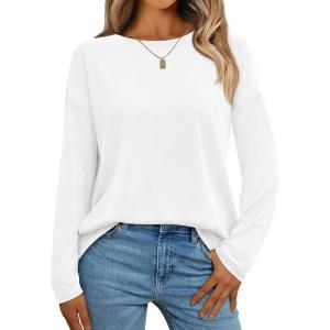AUTOMET Womens Long Sleeve Shirts Loose Fitted Crewneck Basic Tops Casual Outfits Fall Clothes 2025(White)