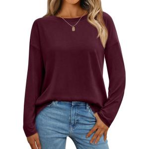 AUTOMET Womens Long Sleeve Shirts Loose Fitted Crewneck Basic Tops Casual Outfits Fall Clothes 2025(Wine Red)