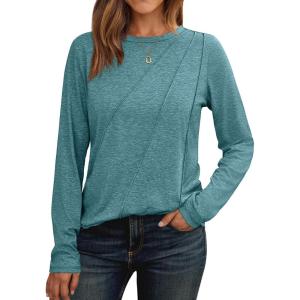 AUTOMET Womens Long Sleeve Shirts Pleated Crew Neck Casual Fall Fashion Tops Loose Fit Lightweight Girls Outfits Clothes(Bluegreen)