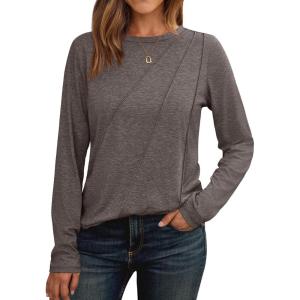 AUTOMET Womens Long Sleeve Shirts Pleated Crew Neck Casual Fall Fashion Tops Loose Fit Lightweight Girls Outfits Clothes(Coffeegrey)
