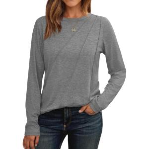 AUTOMET Womens Long Sleeve Shirts Pleated Crew Neck Casual Fall Fashion Tops Loose Fit Lightweight Girls Outfits Clothes(Grey)