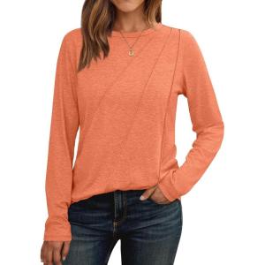 AUTOMET Womens Long Sleeve Shirts Pleated Crew Neck Casual Fall Fashion Tops Loose Fit Lightweight Girls Outfits Clothes(Orange)