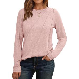 AUTOMET Womens Long Sleeve Shirts Pleated Crew Neck Casual Fall Fashion Tops Loose Fit Lightweight Girls Outfits Clothes(Pink)