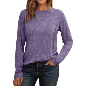 AUTOMET Womens Long Sleeve Shirts Pleated Crew Neck Casual Fall Fashion Tops Loose Fit Lightweight Girls Outfits Clothes(Purple)