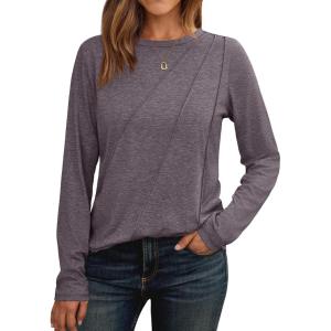 AUTOMET Womens Long Sleeve Shirts Pleated Crew Neck Casual Fall Fashion Tops Loose Fit Lightweight Girls Outfits Clothes(Taupe)