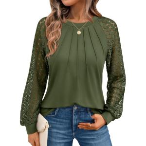 AUTOMET Womens Long Sleeve Shirts Pleated Lace Tops Fall Fashion Outfits Business Casual Blouses(Armygreen)