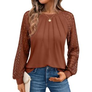 AUTOMET Womens Long Sleeve Shirts Pleated Lace Tops Fall Fashion Outfits Business Casual Blouses(Brown)
