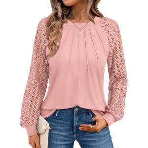 AUTOMET Womens Long Sleeve Shirts Pleated Lace Tops Fall Fashion Outfits Business Casual Blouses(Coral)