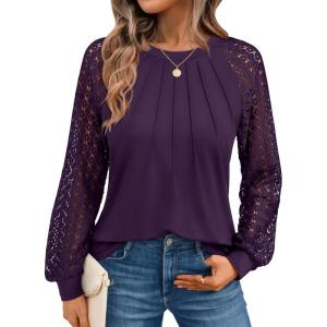 AUTOMET Womens Long Sleeve Shirts Pleated Lace Tops Fall Fashion Outfits Business Casual Blouses(Darkpurple)