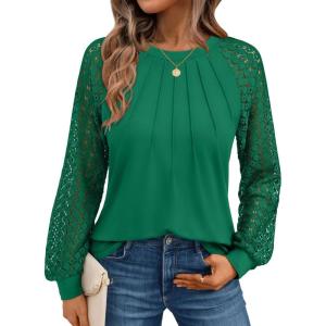 AUTOMET Womens Long Sleeve Shirts Pleated Lace Tops Fall Fashion Outfits Business Casual Blouses(Grass)