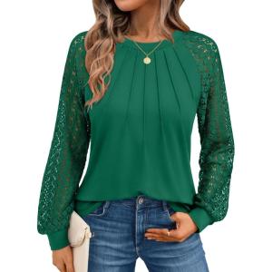 AUTOMET Womens Long Sleeve Shirts Pleated Lace Tops Fall Fashion Outfits Business Casual Blouses(Green)