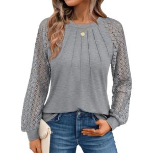 AUTOMET Womens Long Sleeve Shirts Pleated Lace Tops Fall Fashion Outfits Business Casual Blouses(Grey)