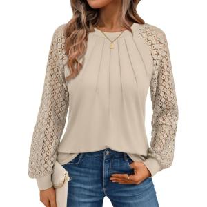 AUTOMET Womens Long Sleeve Shirts Pleated Lace Tops Fall Fashion Outfits Business Casual Blouses(Ivory)