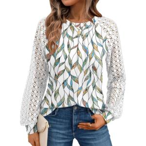 AUTOMET Womens Long Sleeve Shirts Pleated Lace Tops Fall Fashion Outfits Business Casual Blouses(Leaf Multi)