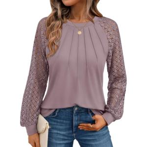 AUTOMET Womens Long Sleeve Shirts Pleated Lace Tops Fall Fashion Outfits Business Casual Blouses(Lilac)