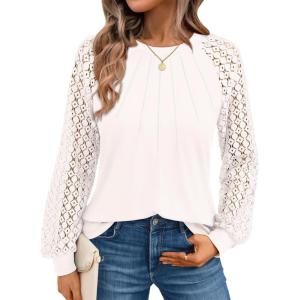 AUTOMET Womens Long Sleeve Shirts Pleated Lace Tops Fall Fashion Outfits Business Casual Blouses(Oatmeal)