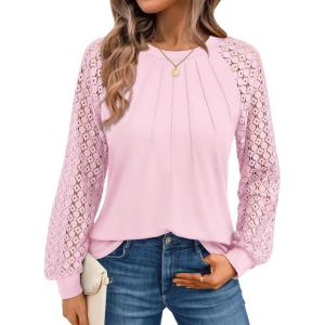 AUTOMET Womens Long Sleeve Shirts Pleated Lace Tops Fall Fashion Outfits Business Casual Blouses(Pink)