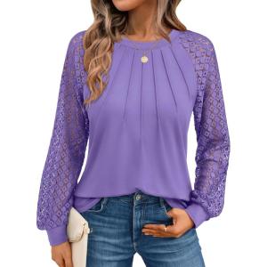 AUTOMET Womens Long Sleeve Shirts Pleated Lace Tops Fall Fashion Outfits Business Casual Blouses(Purple)