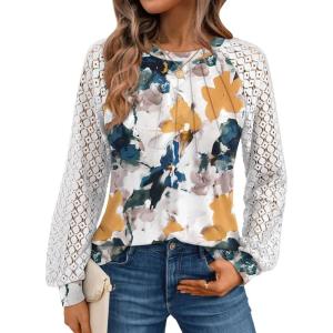 AUTOMET Womens Long Sleeve Shirts Pleated Lace Tops Fall Fashion Outfits Business Casual Blouses(Watercolor Floral)