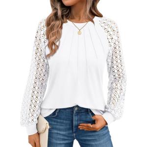 AUTOMET Womens Long Sleeve Shirts Pleated Lace Tops Fall Fashion Outfits Business Casual Blouses(White)