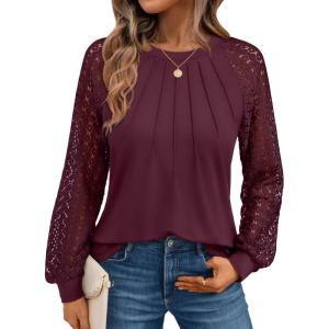 AUTOMET Womens Long Sleeve Shirts Pleated Lace Tops Fall Fashion Outfits Business Casual Blouses(Wine)
