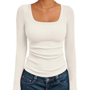 AUTOMET Womens Long Sleeve Shirts Square Neck Tops Ribbed Knit Basic Teen Girls Crop Tops Fall Outfits Fashion Clothes 2025(Apricot)