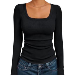 AUTOMET Womens Long Sleeve Shirts Square Neck Tops Ribbed Knit Basic Teen Girls Crop Tops Fall Outfits Fashion Clothes 2025(Black)